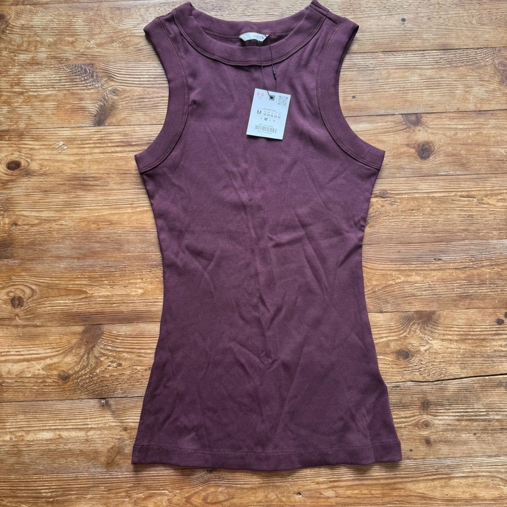 Zara Womens Ribbed High Neck Tank Top Plum Burgundy Minimalist Medium NWT